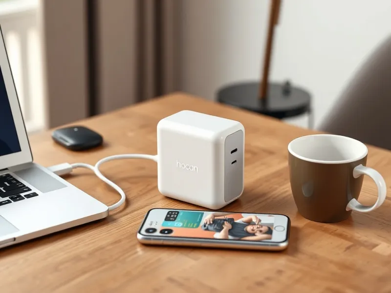 Củ sạc Hoco GaN 65W nhỏ gọn đặt trên bàn gỗ cùng MacBook Air và iPhone 16 - sạc nhanh đa năng