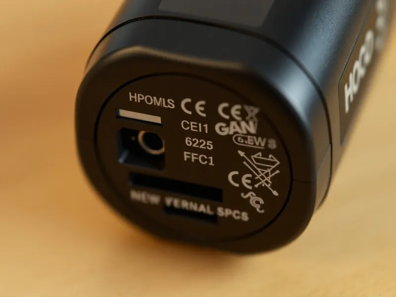 Thông số kỹ thuật chi tiết in trên đế củ sạc Hoco GaN 65W với các chứng nhận an toàn CE FCC