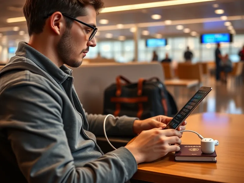 Người dùng sạc laptop MacBook và tai nghe AirPods tại sân bay với củ sạc Hoco GaN 65W tiện lợi