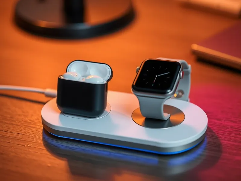 Sạc dự phòng không dây đang sạc đồng thời cho AirPods và Apple Watch