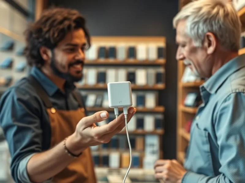 Chủ shop đang tư vấn khách hàng chọn combo sạc nhanh kèm dây tại cửa hàng