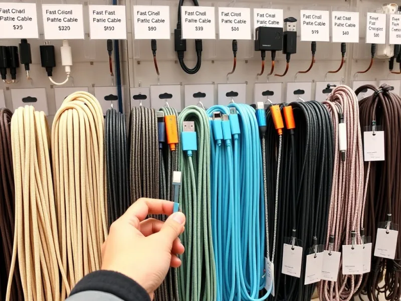Kệ trưng bày dây sạc nhanh tại cửa hàng phụ kiện điện thoại, nhiều màu sắc