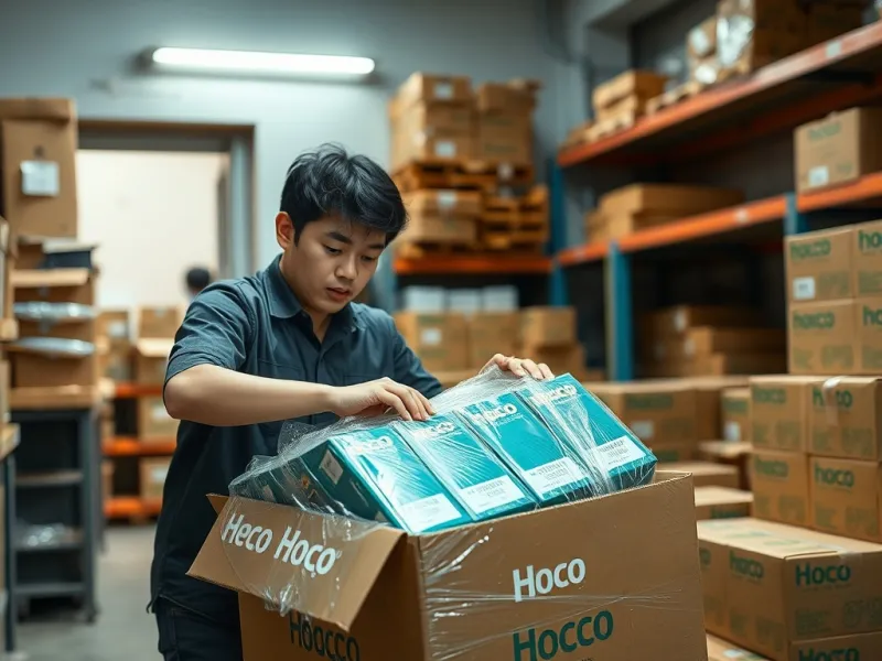 Chủ shop phụ kiện Việt Nam đang mở thùng carton chứa hàng Hoco mới nhập sỉ