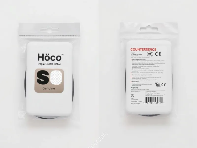 So sánh bao bì cáp sạc Hoco chính hãng và hàng giả trên nền trắng với các điểm khác biệt