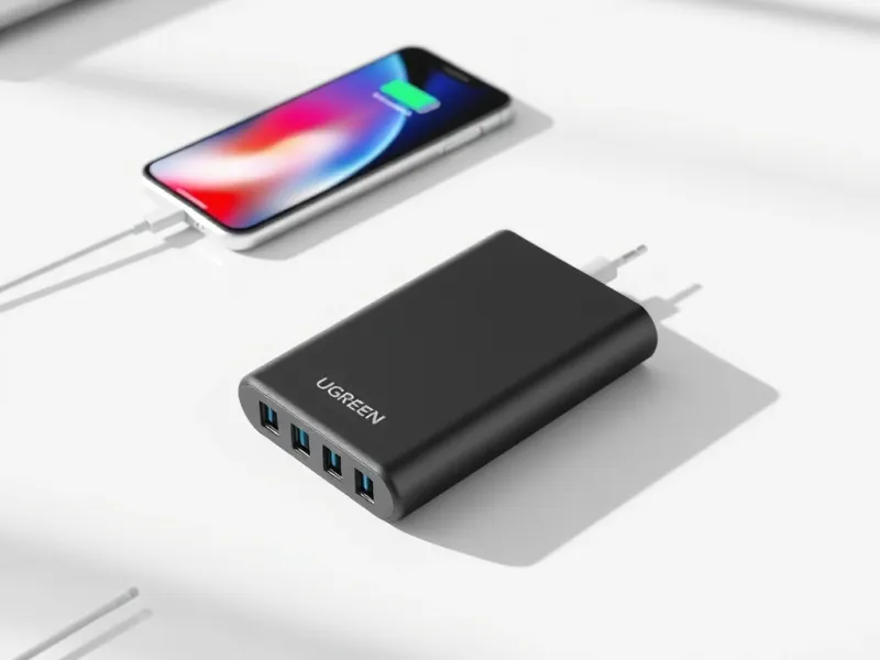 Sạc dự phòng Ugreen có ba cổng sạc đang sạc iPhone và Android