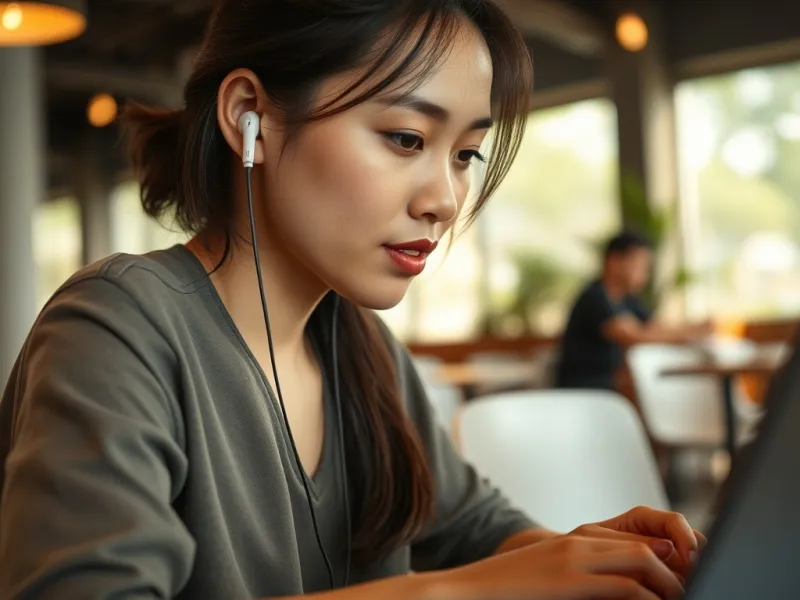 Người phụ nữ đeo tai nghe Hoco TWS làm việc tại quán cà phê